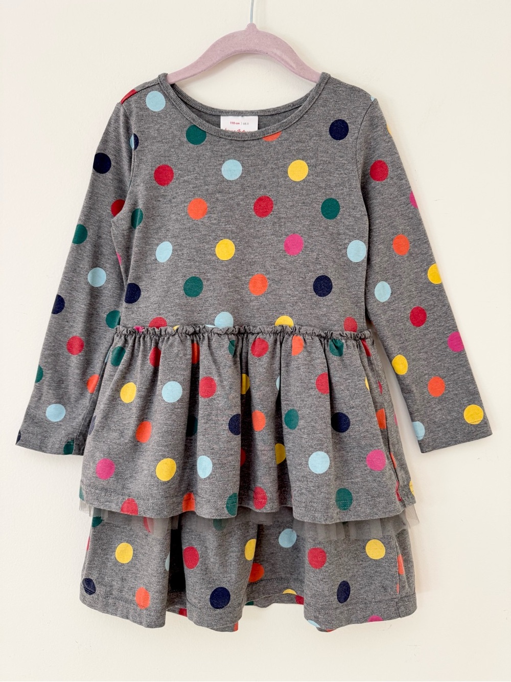 Hanna Andersson Gray Multicolor Polka Dot Tiered Tulle Dress Size 110 / 5 EUC